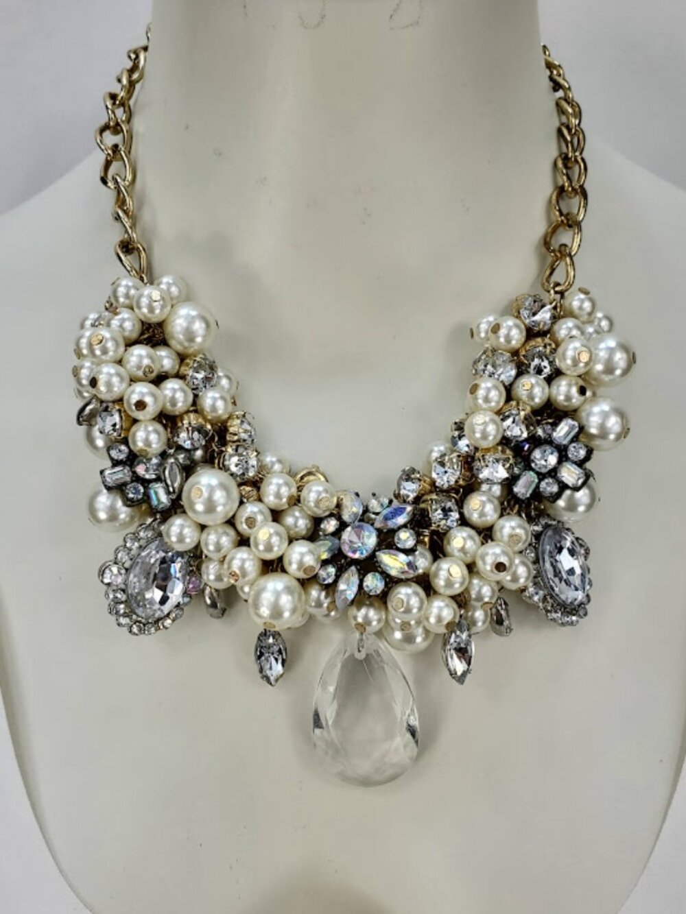 Chunky Rhinestone and Faux Pearl Statement Necklace Vintage Glam